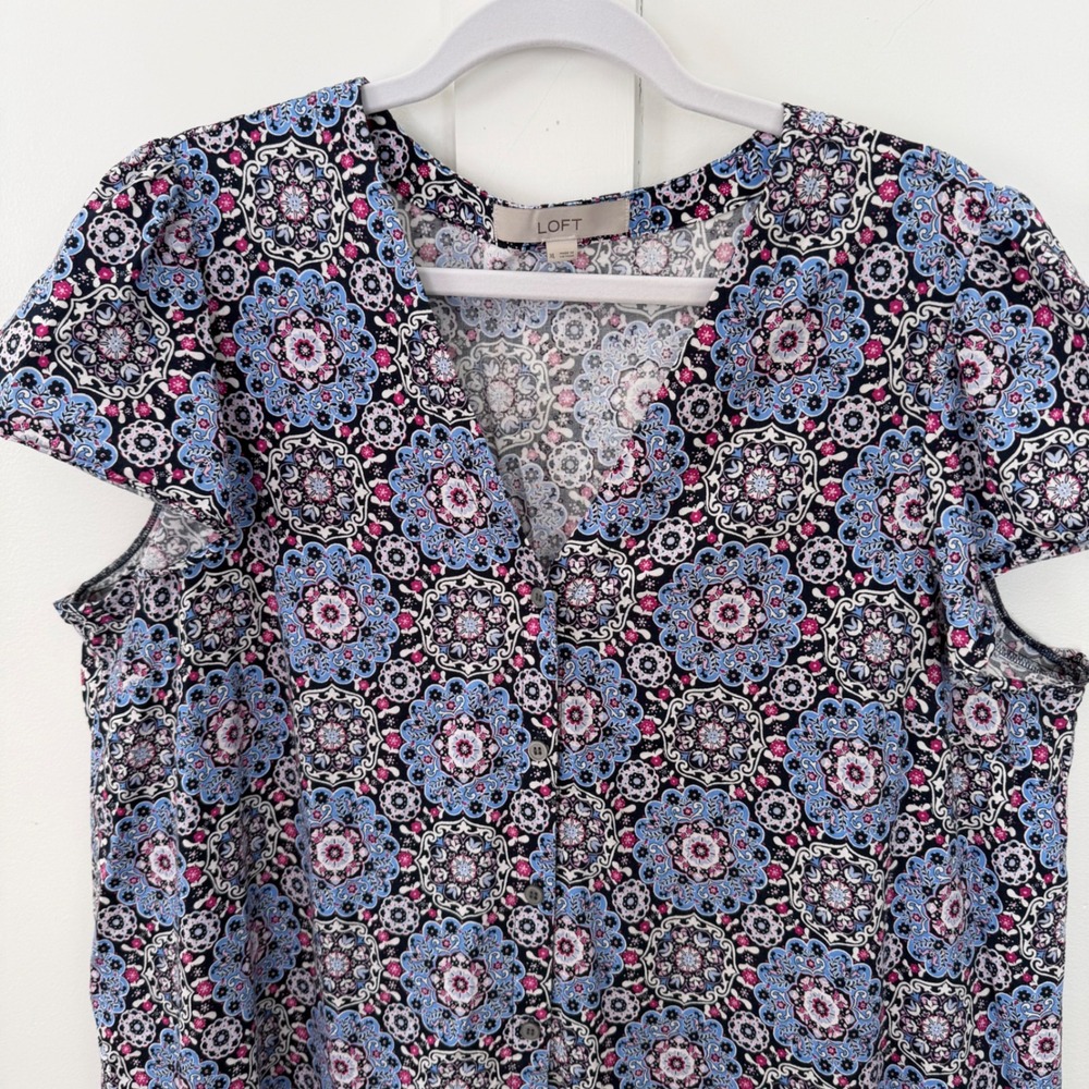 Loft Women's Flounce Dress Short Sleeve Blue Pink Floral Buttons Ruffle Size XL - Picture 2 of 12